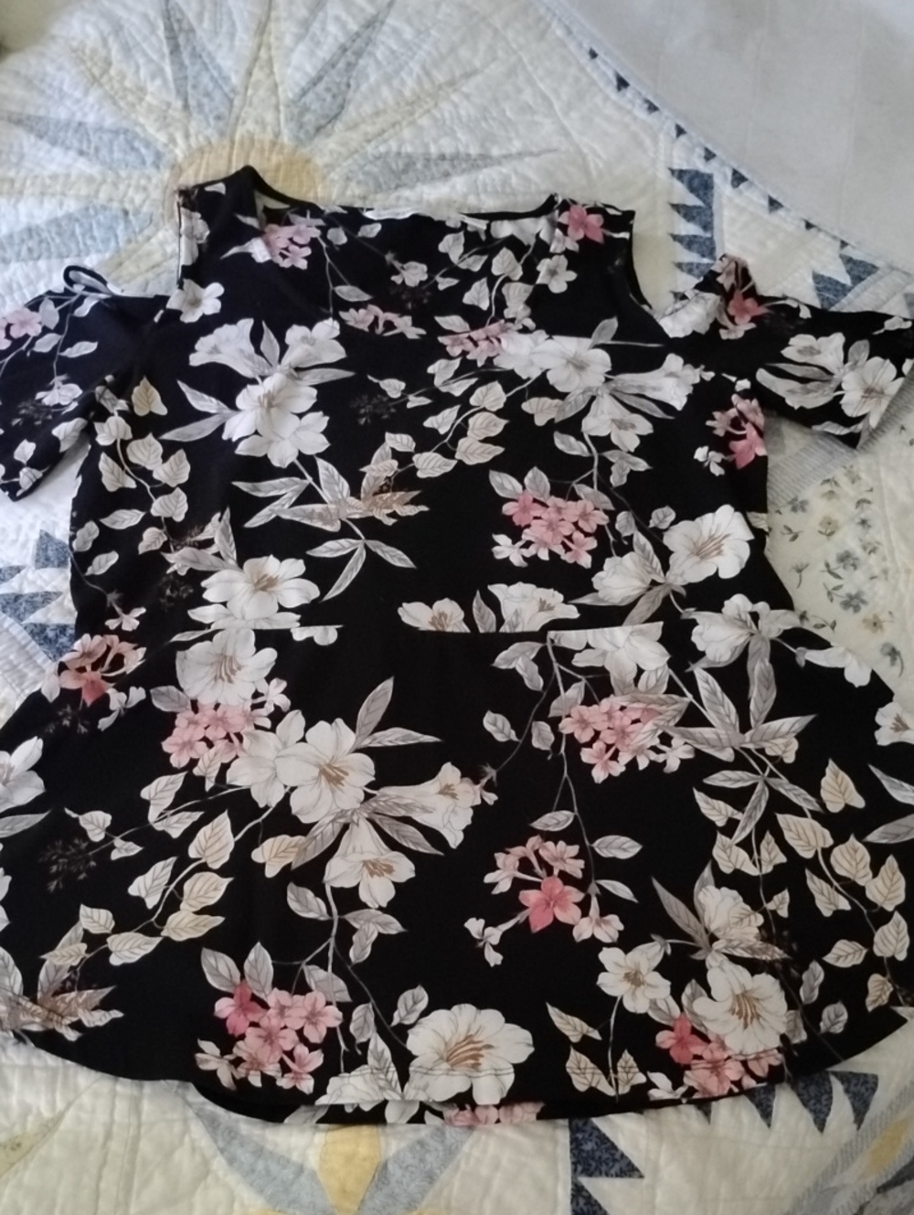 Isaac Mizrahi Black Floral Top with Pink & Cream Accents